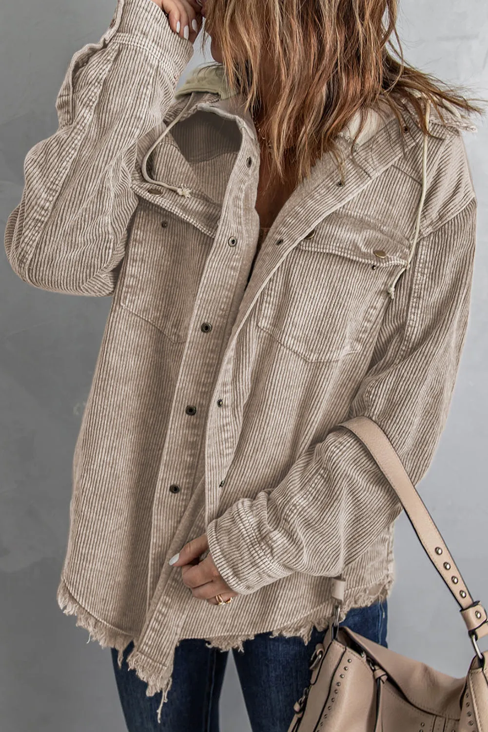 Khaki Color Block Button Down Hooded Jacket