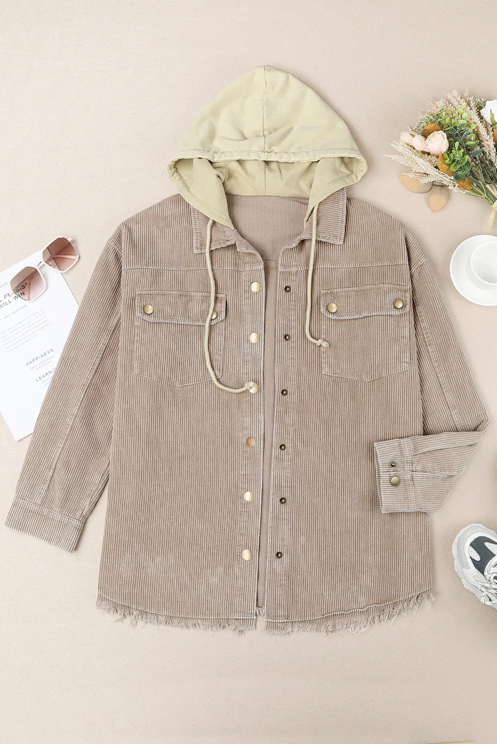 Khaki Color Block Button Down Hooded Jacket