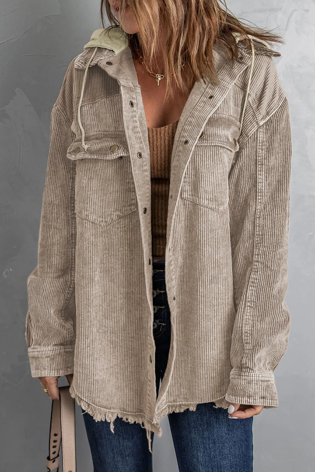 Khaki Color Block Button Down Hooded Jacket