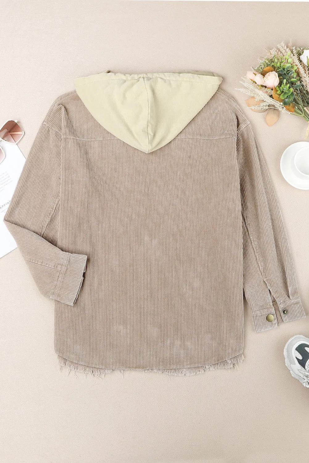 Khaki Color Block Button Down Hooded Jacket