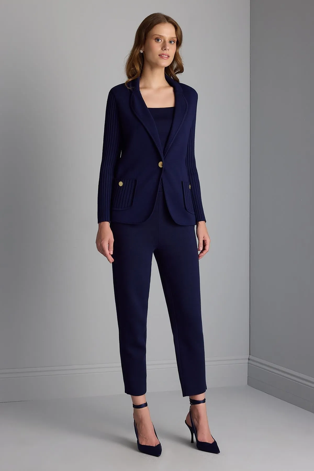 Knitwear Navy Blue Pants with Pockets and Cord at the Waist