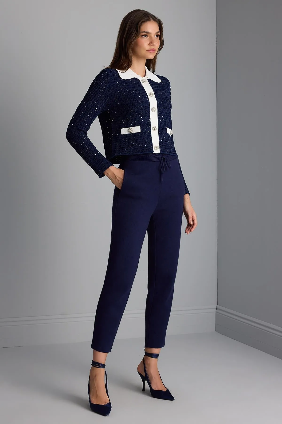 Knitwear Navy Blue Pants with Pockets and Cord at the Waist