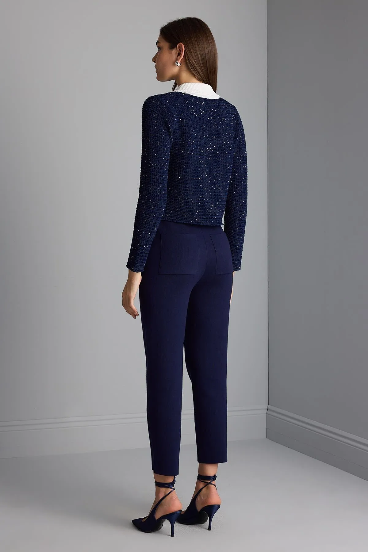 Knitwear Navy Blue Pants with Pockets and Cord at the Waist