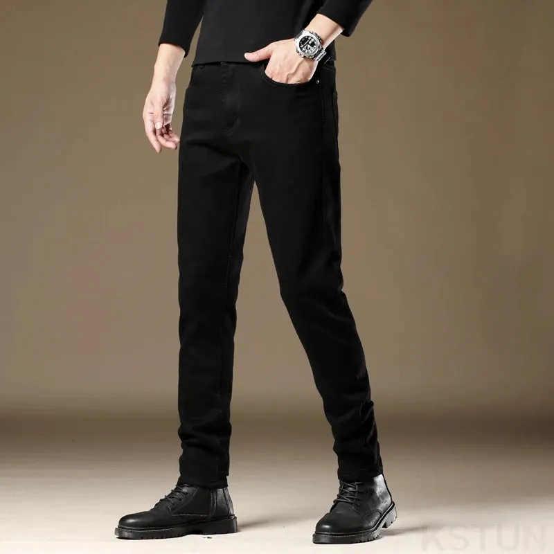 KSTUN Black Jeans For Men Slim Straight Regular Fitness Stretch Denim Pants Casaul Men's Trousers Mens Clothting High Quality