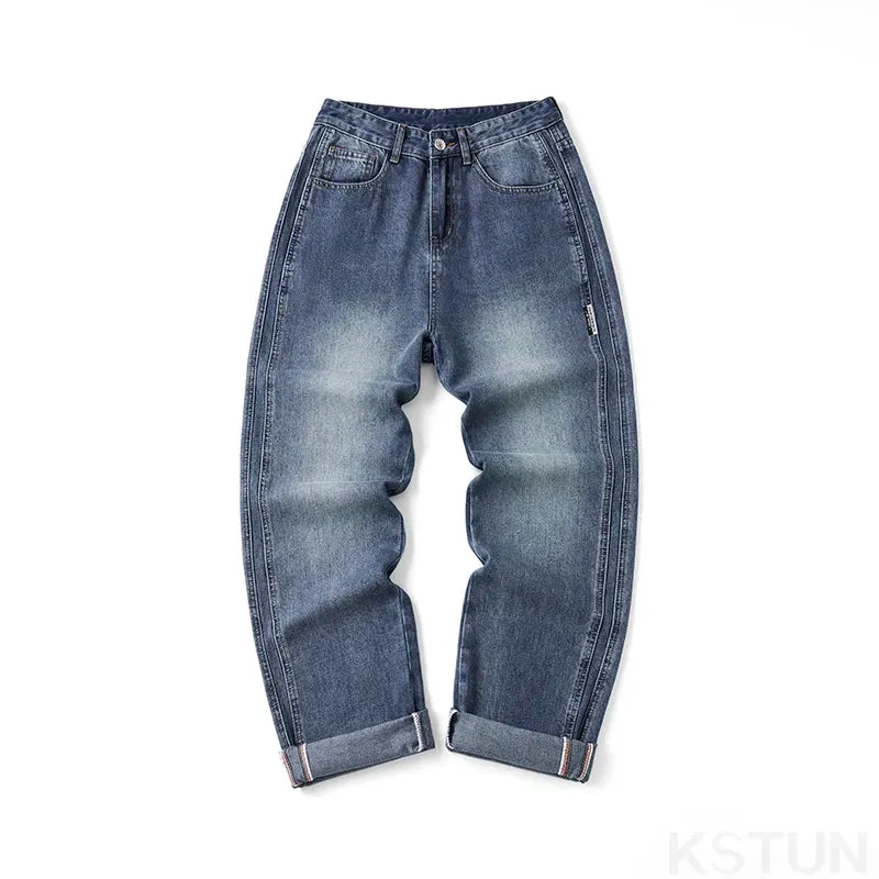 KSTUN Wide Leg Jeans Men Baggy Pants Straight Cut Loose Fit Blue Male Denim Pants Streetwear Men's Clothing Fashion Side Striped