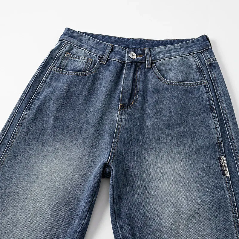KSTUN Wide Leg Jeans Men Baggy Pants Straight Cut Loose Fit Blue Male Denim Pants Streetwear Men's Clothing Fashion Side Striped