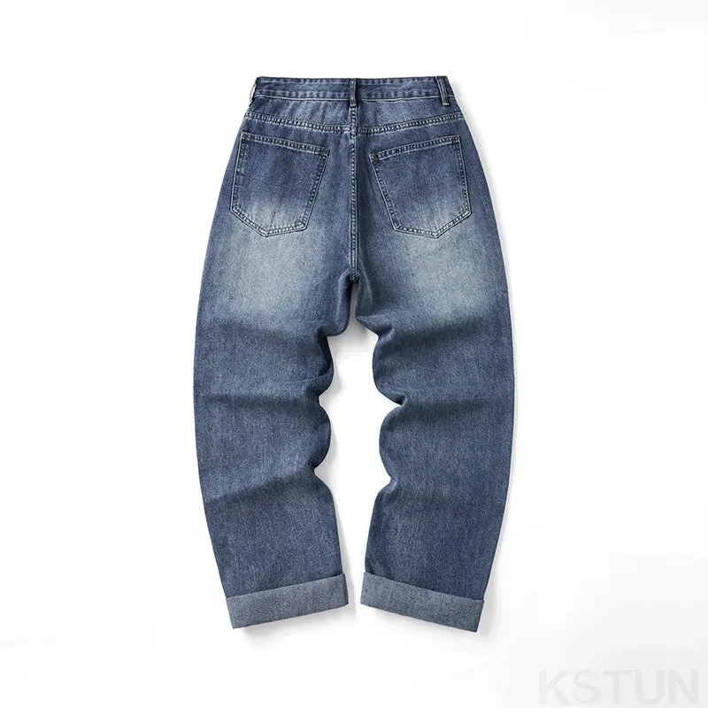 KSTUN Wide Leg Jeans Men Baggy Pants Straight Cut Loose Fit Blue Male Denim Pants Streetwear Men's Clothing Fashion Side Striped