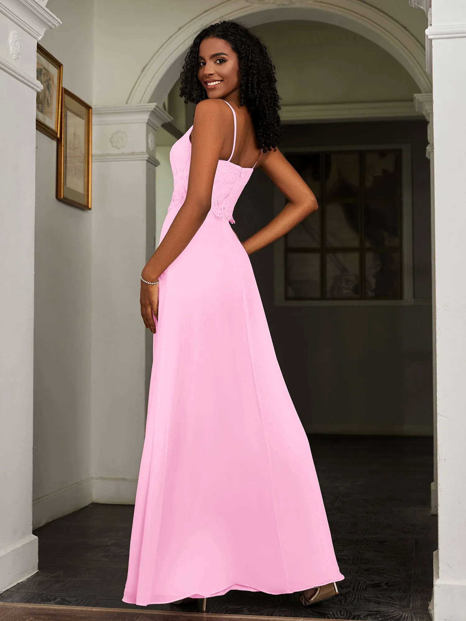 Lace Appliqued  Backless Chiffon A-Line Dress Candy Pink Plus Size