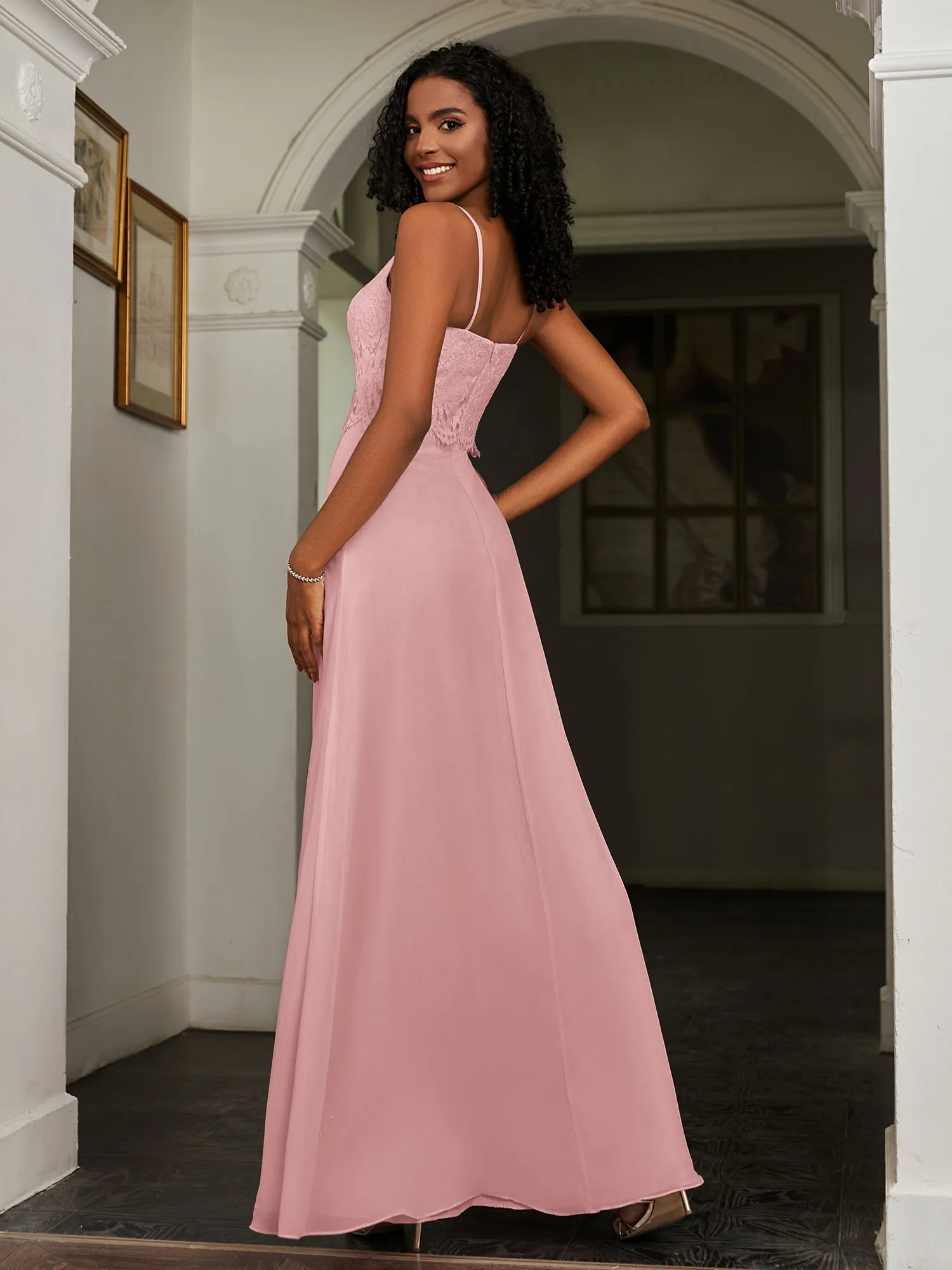 Lace Appliqued  Backless Chiffon A-Line Dress Dusty Rose Plus Size