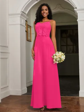 Lace Appliqued  Backless Chiffon A-Line Dress Fuchsia