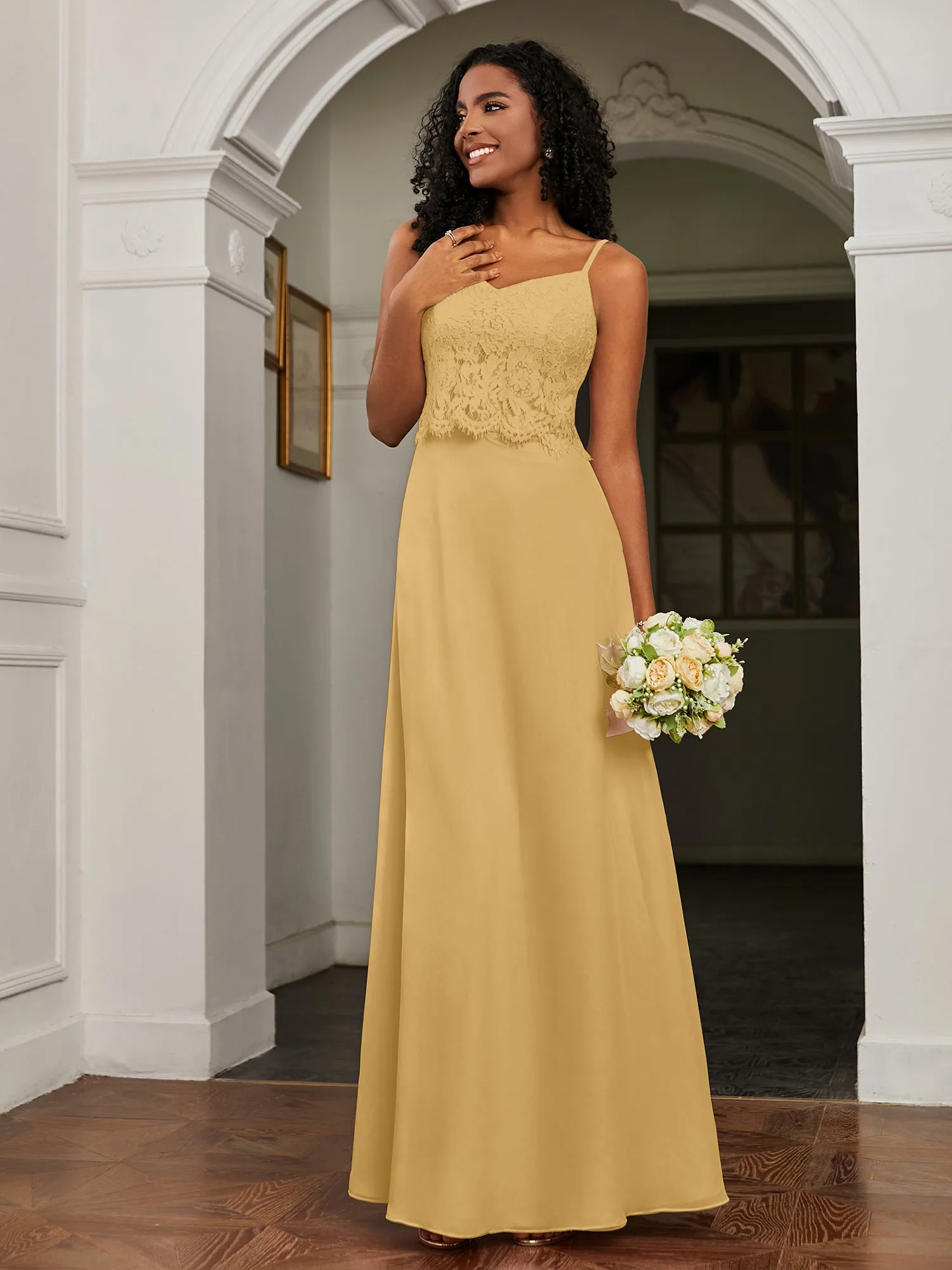 Lace Appliqued  Backless Chiffon A-Line Dress Gold