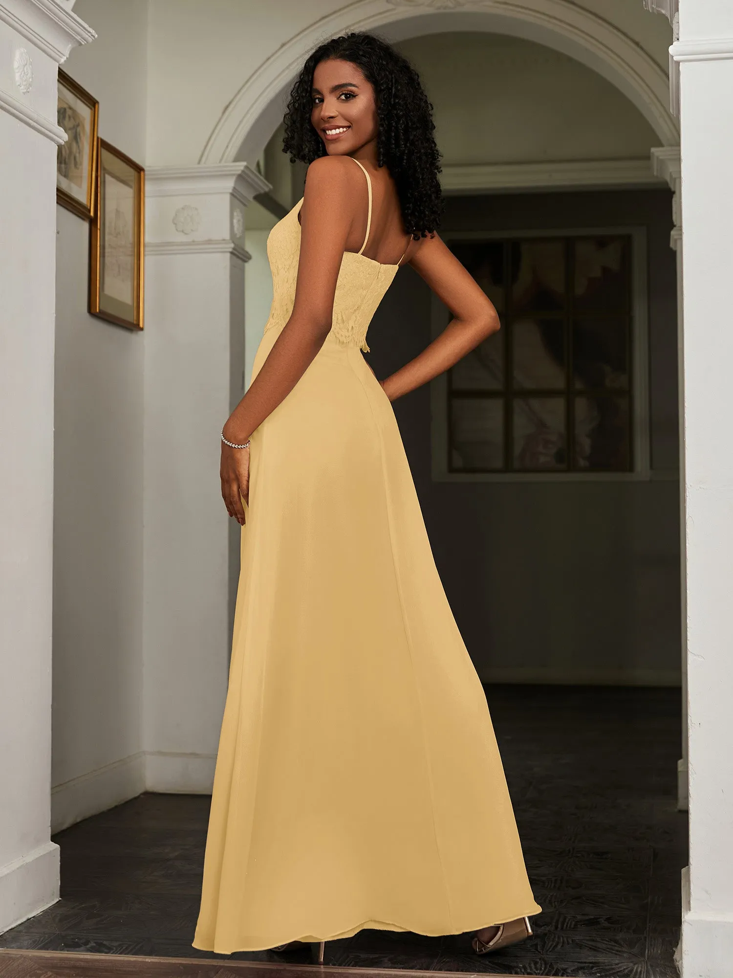 Lace Appliqued  Backless Chiffon A-Line Dress Gold