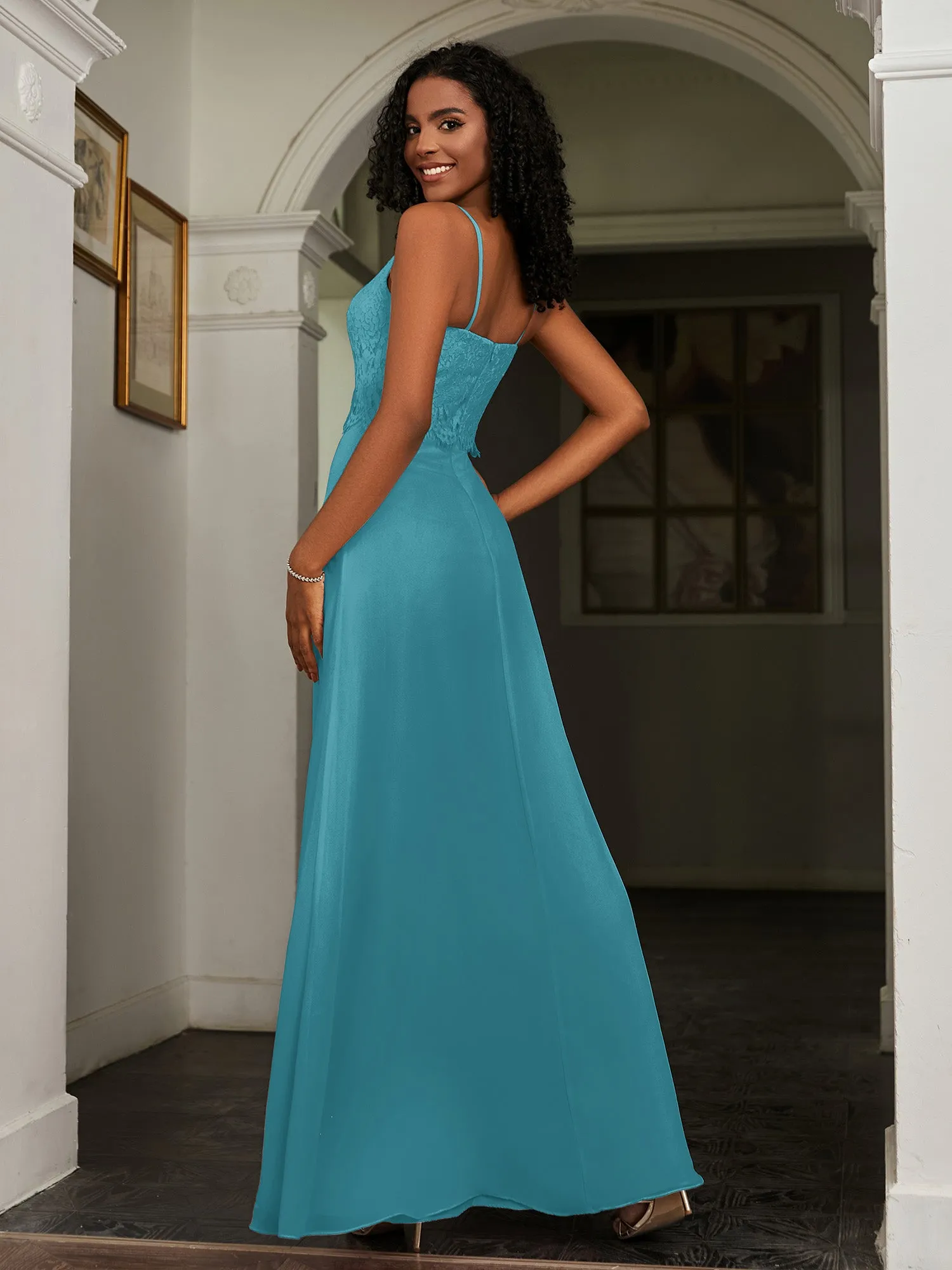 Lace Appliqued  Backless Chiffon A-Line Dress Jade
