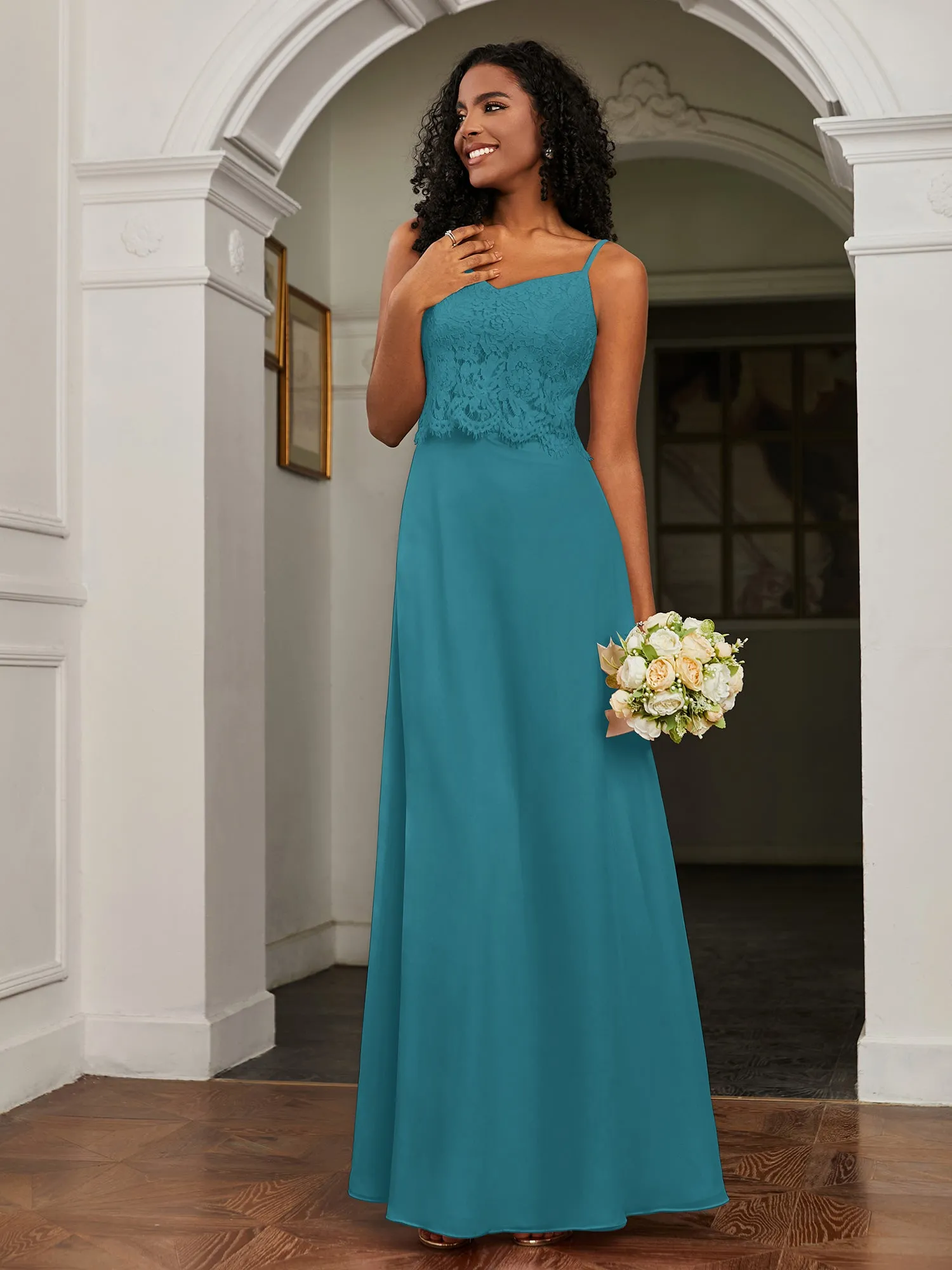 Lace Appliqued  Backless Chiffon A-Line Dress Jade