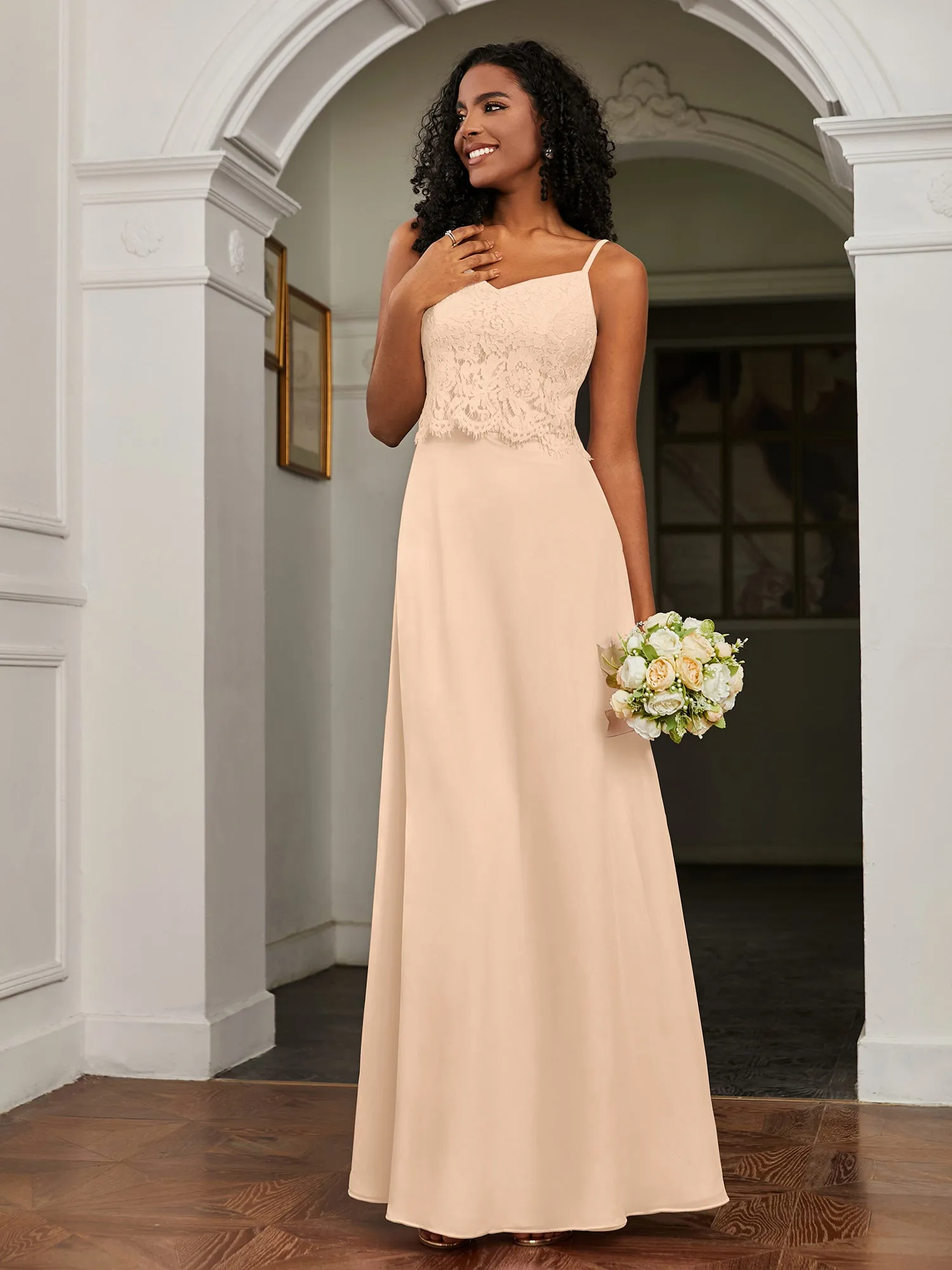 Lace Appliqued  Backless Chiffon A-Line Dress Peach