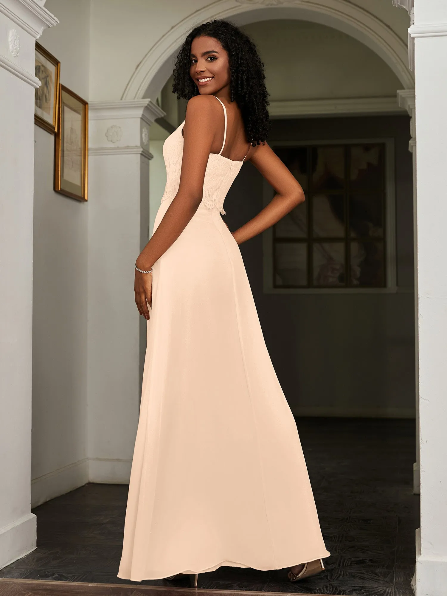 Lace Appliqued  Backless Chiffon A-Line Dress Peach
