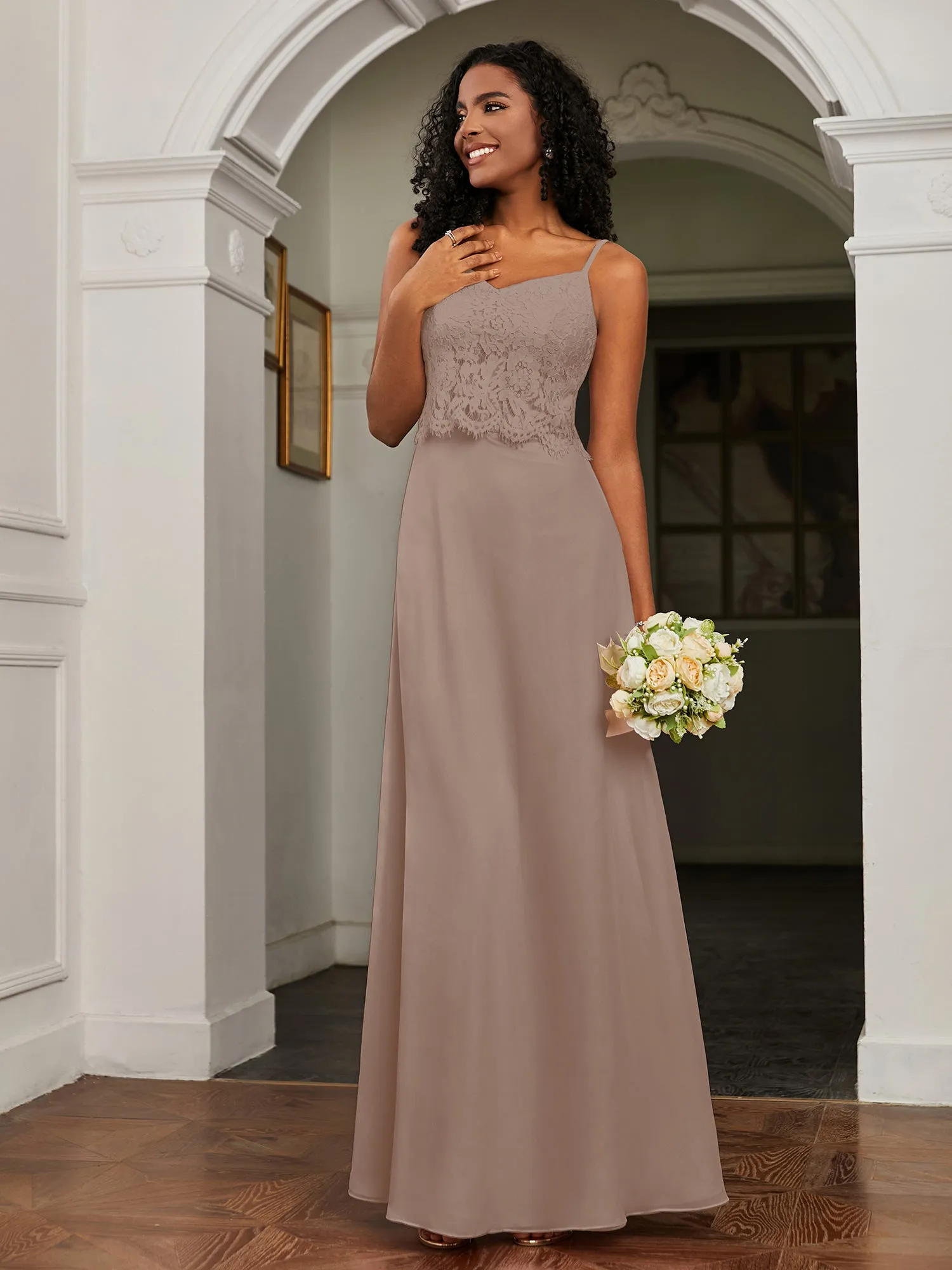 Lace Appliqued  Backless Chiffon A-Line Dress Taupe Plus Size