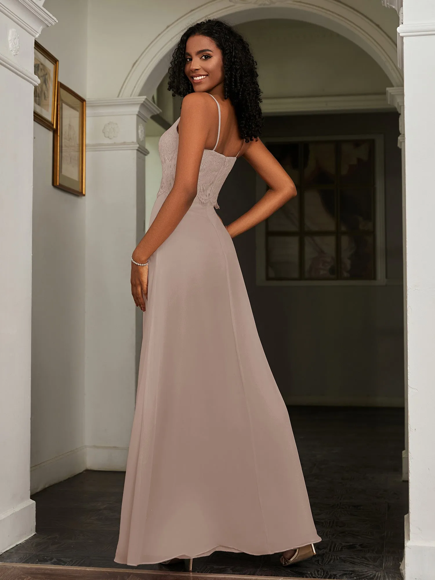 Lace Appliqued  Backless Chiffon A-Line Dress Taupe Plus Size