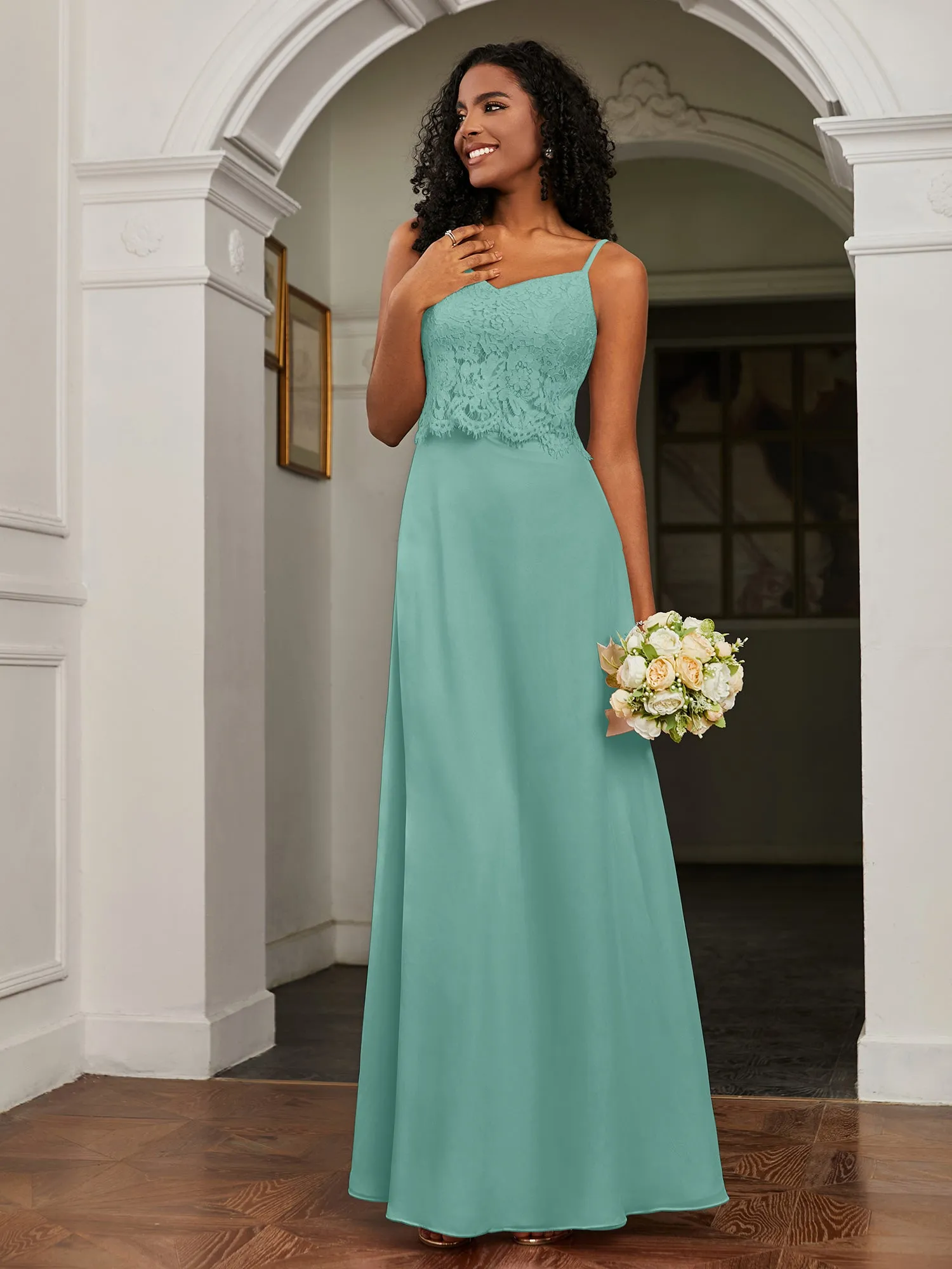 Lace Appliqued  Backless Chiffon A-Line Dress Turquoise