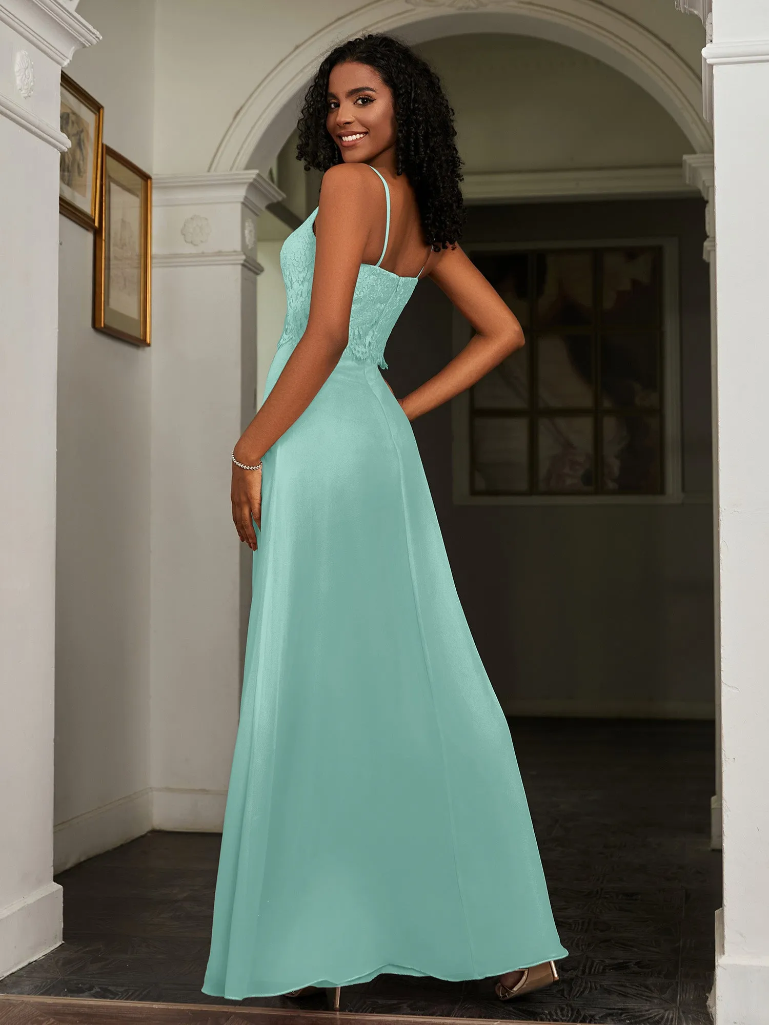 Lace Appliqued  Backless Chiffon A-Line Dress Turquoise