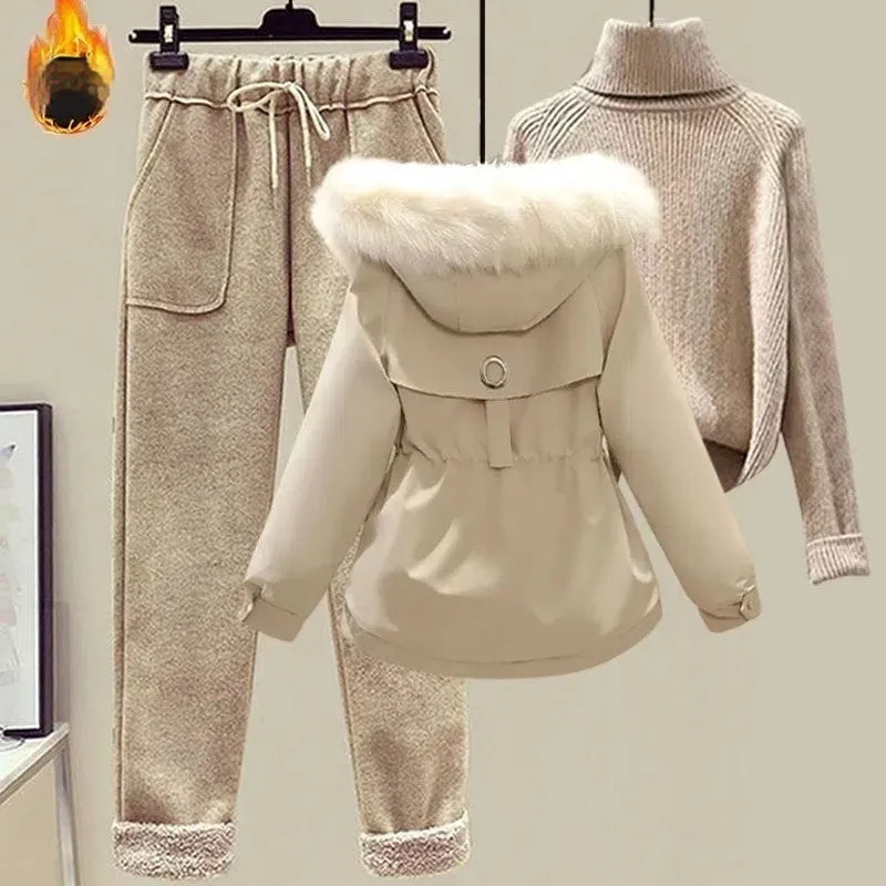 Lamb Wool Fur Sweater Casual Pants Three Piece Set Fashion Suit Women