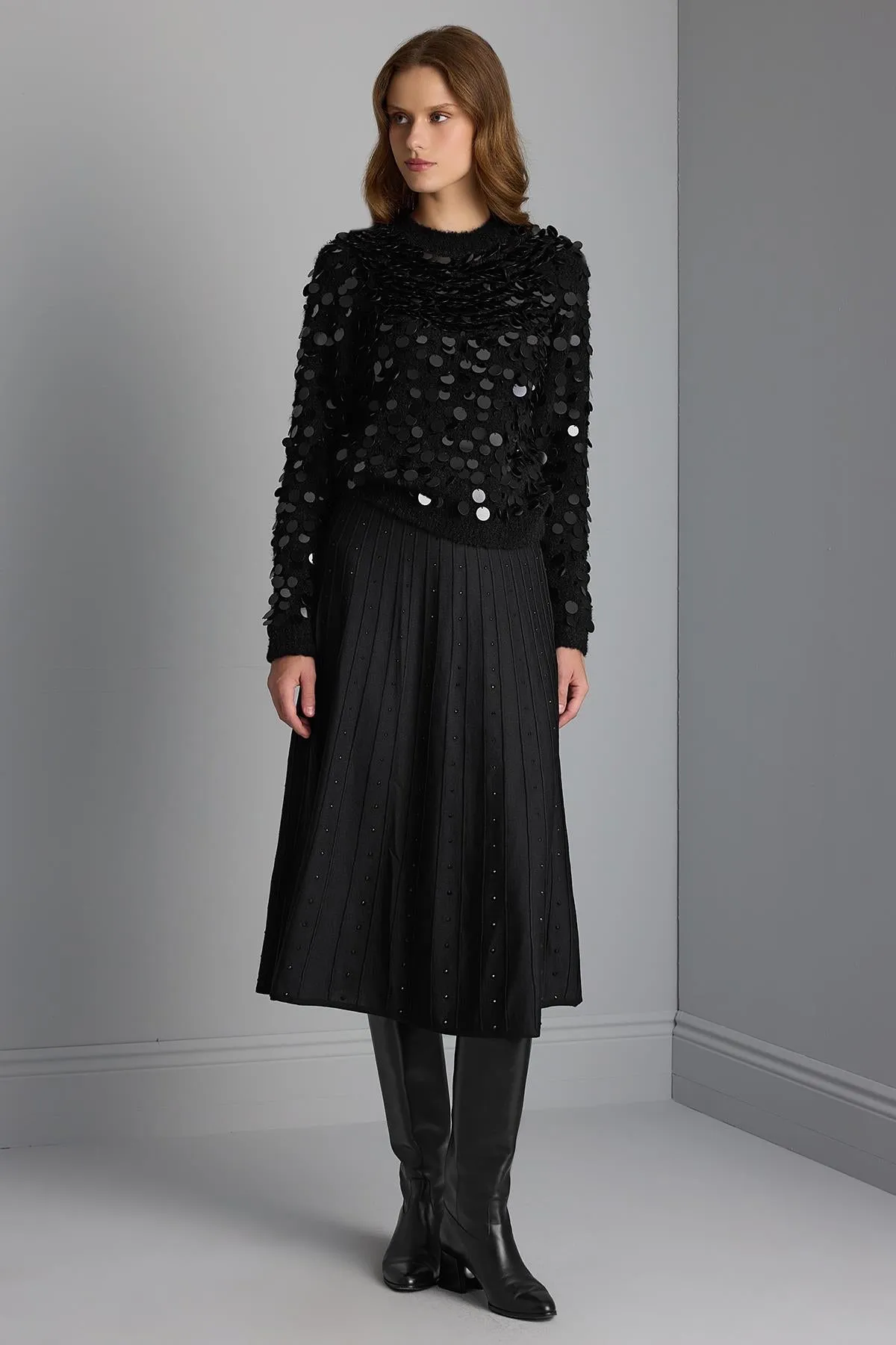 Lithography Print Flared Black Midi Knitwear Skirt