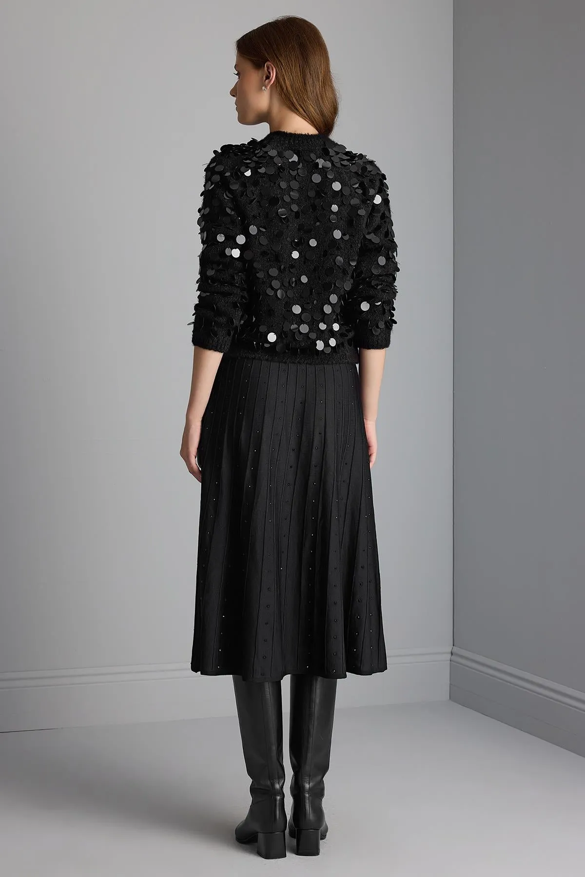 Lithography Print Flared Black Midi Knitwear Skirt