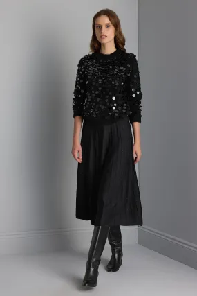 Lithography Print Flared Black Midi Knitwear Skirt