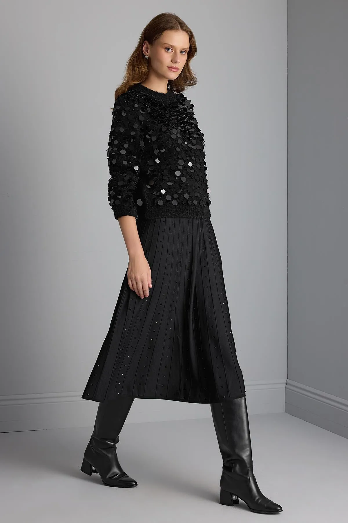 Lithography Print Flared Black Midi Knitwear Skirt