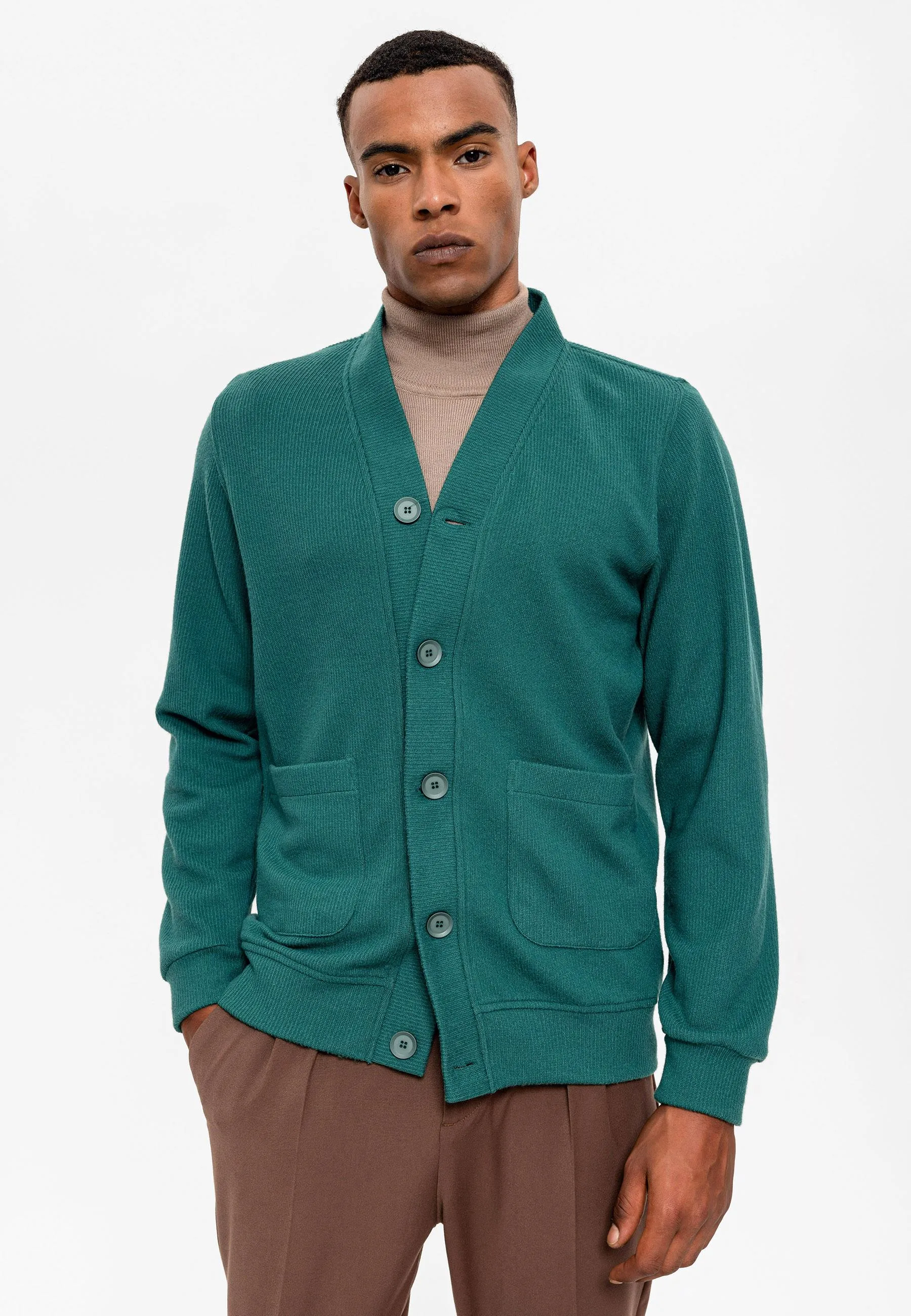 Men's Green V-Neck  Cardigan with Waist Elastic - Wessi