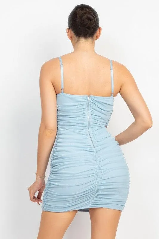 mesh hook & eye ruched bustier dress
