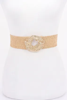 Metal Buckle Elastic Faux Straw Belt