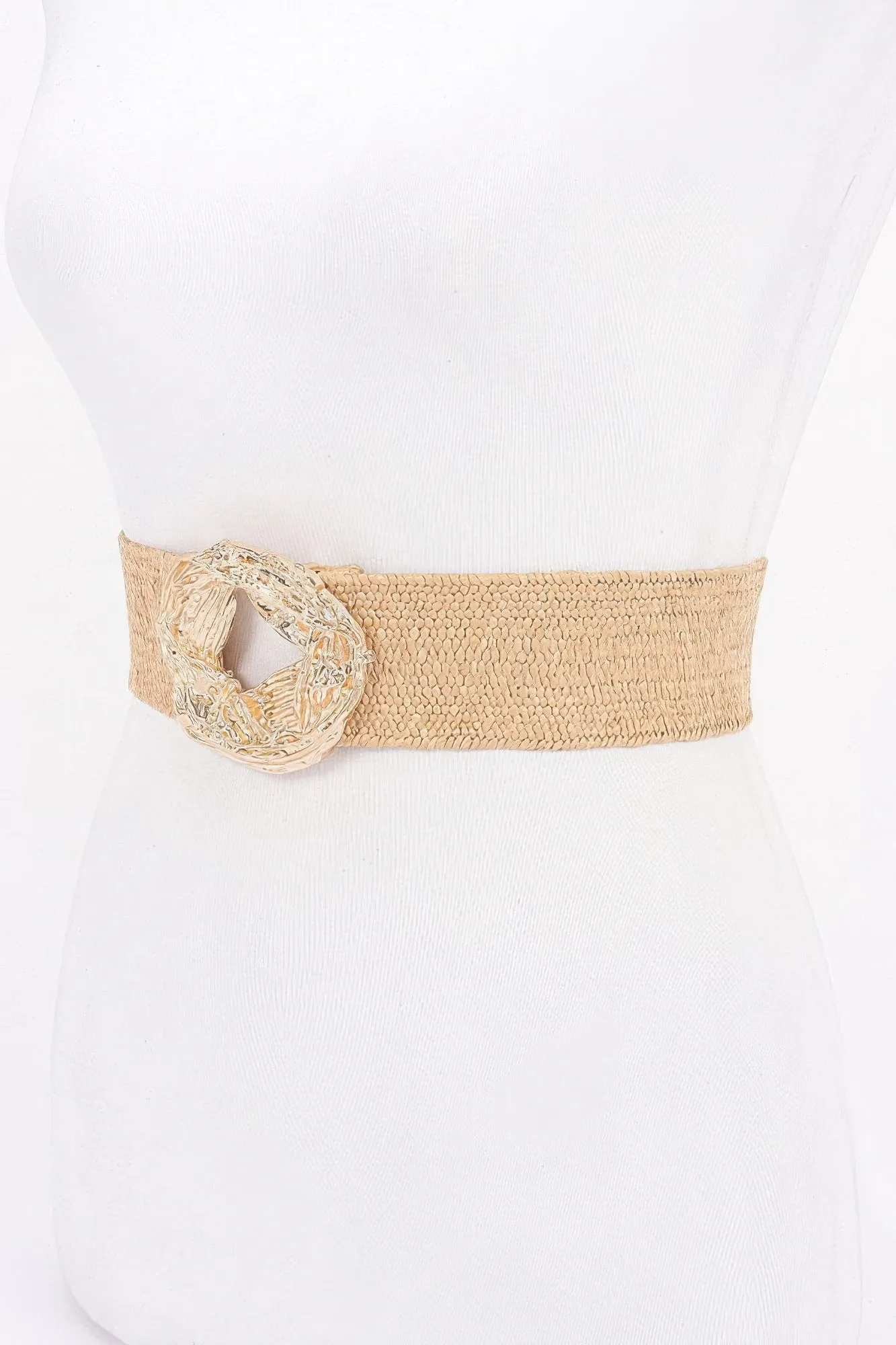 Metal Buckle Elastic Faux Straw Belt