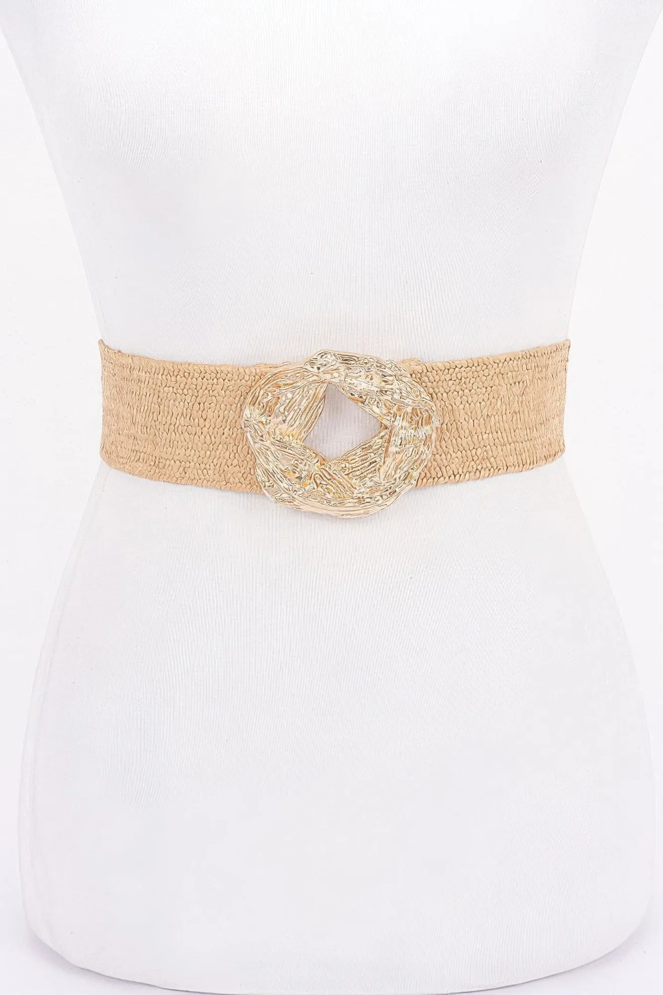 Metal Buckle Elastic Faux Straw Belt