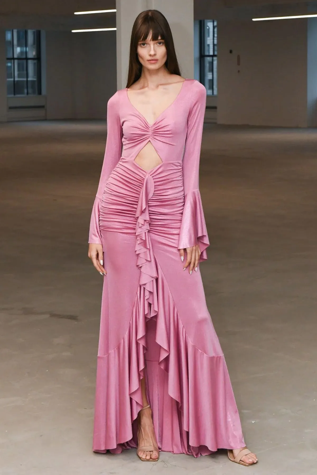 Metallic Jersey Ruched Maxi Dress