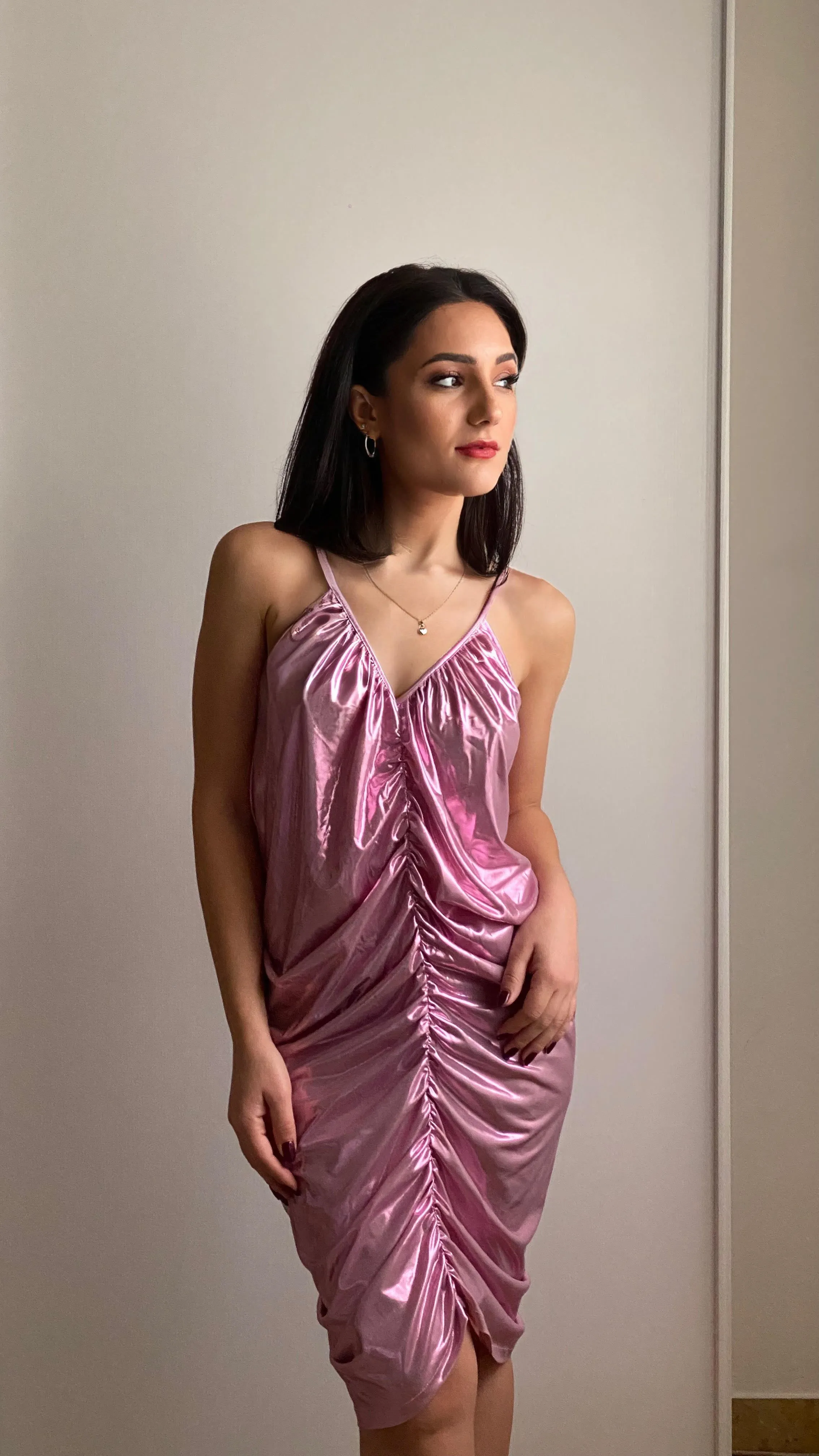 Metallic Ruched Mini Dress in Pink