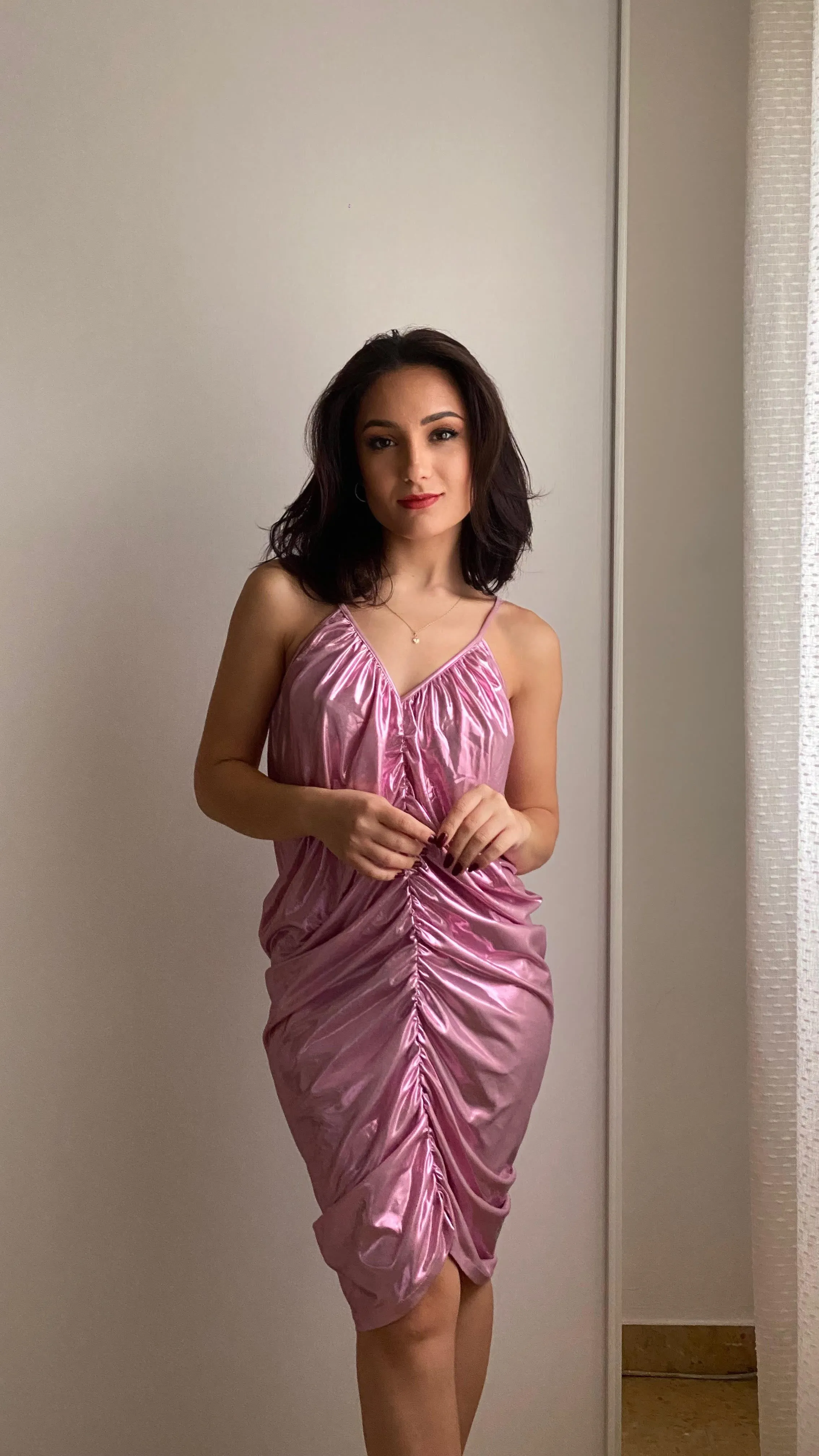 Metallic Ruched Mini Dress in Pink