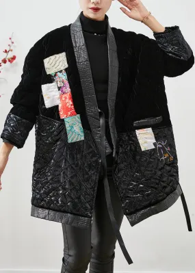 Modern Black Lace Up Patchwork Silk Velour Cotton Filled Coat Winter ML1942