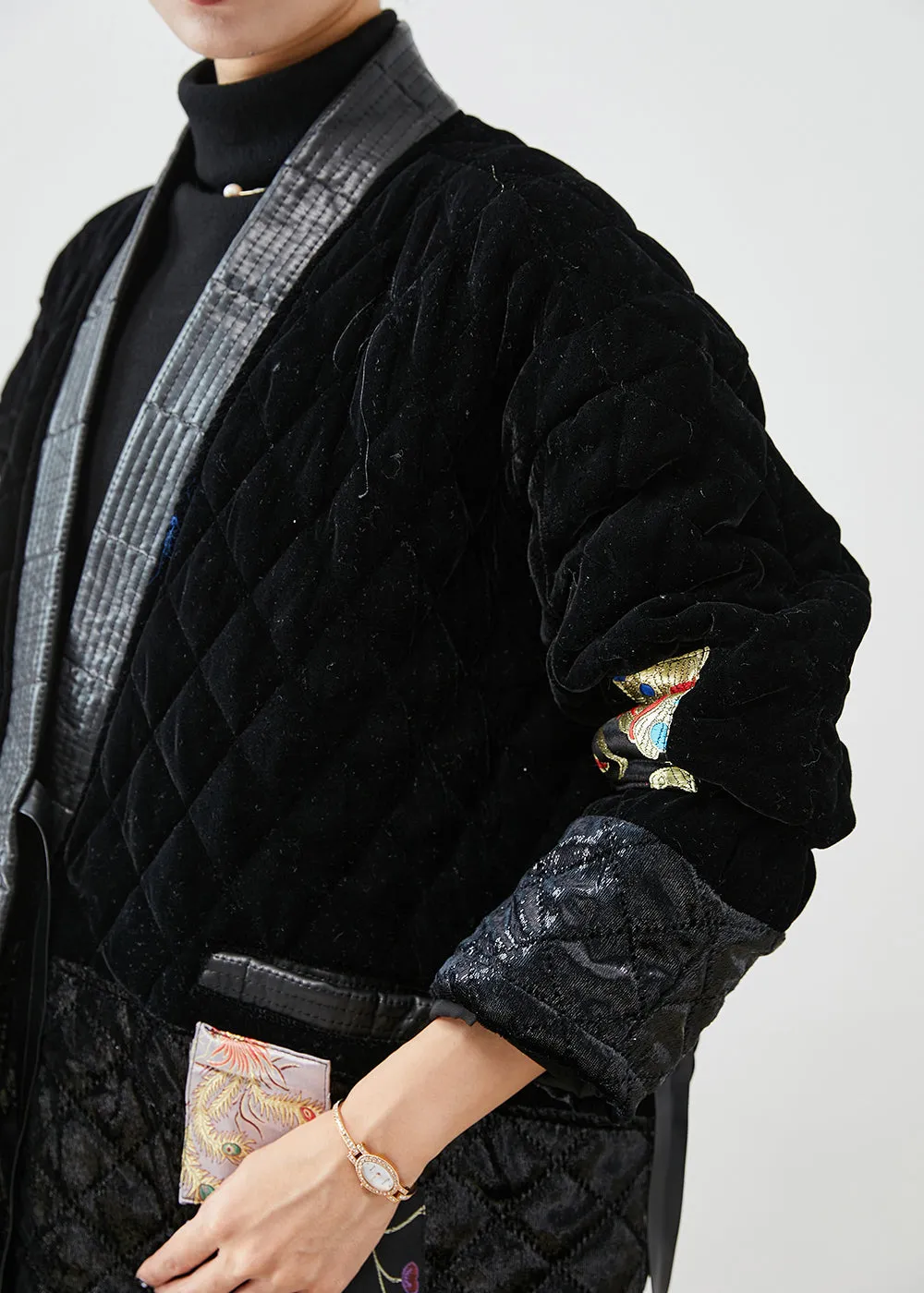 Modern Black Lace Up Patchwork Silk Velour Cotton Filled Coat Winter ML1942