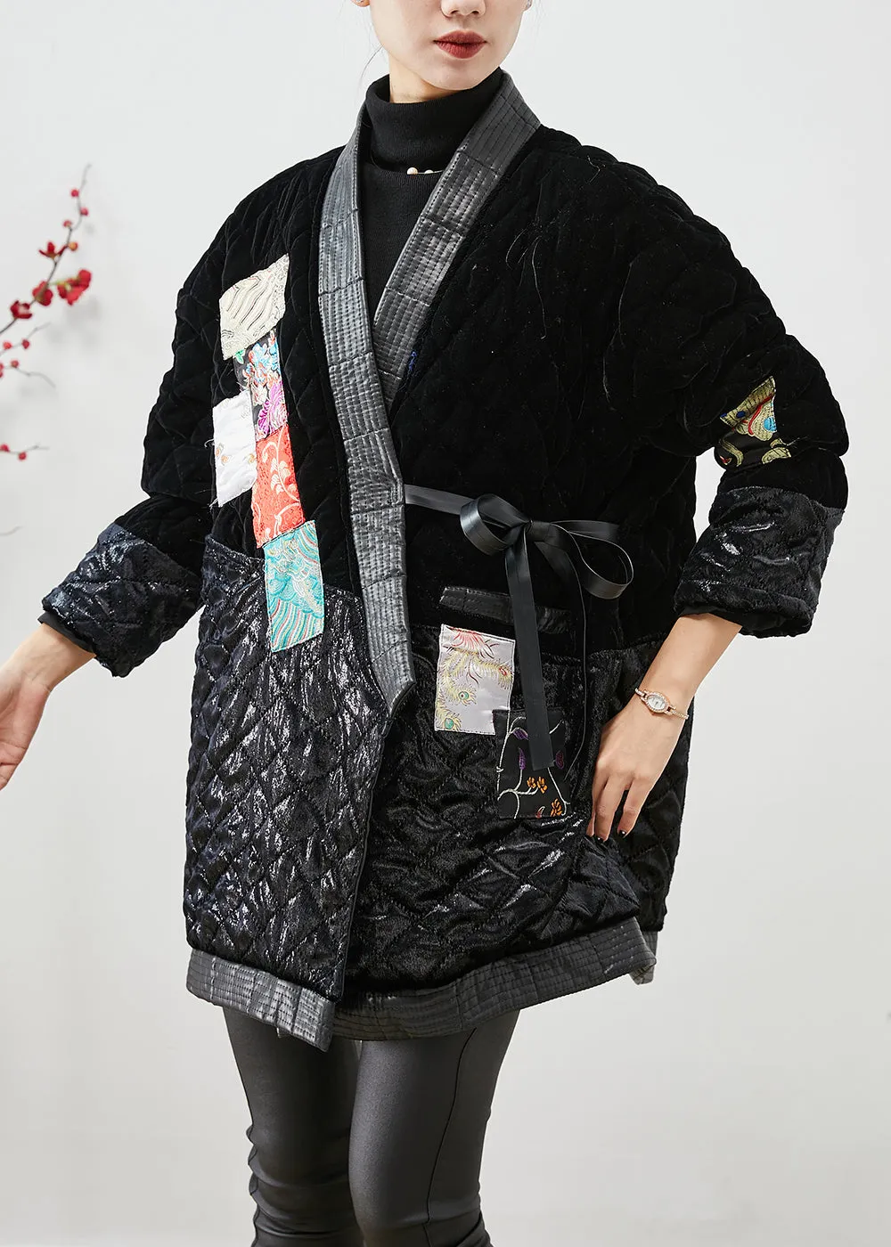 Modern Black Lace Up Patchwork Silk Velour Cotton Filled Coat Winter ML1942