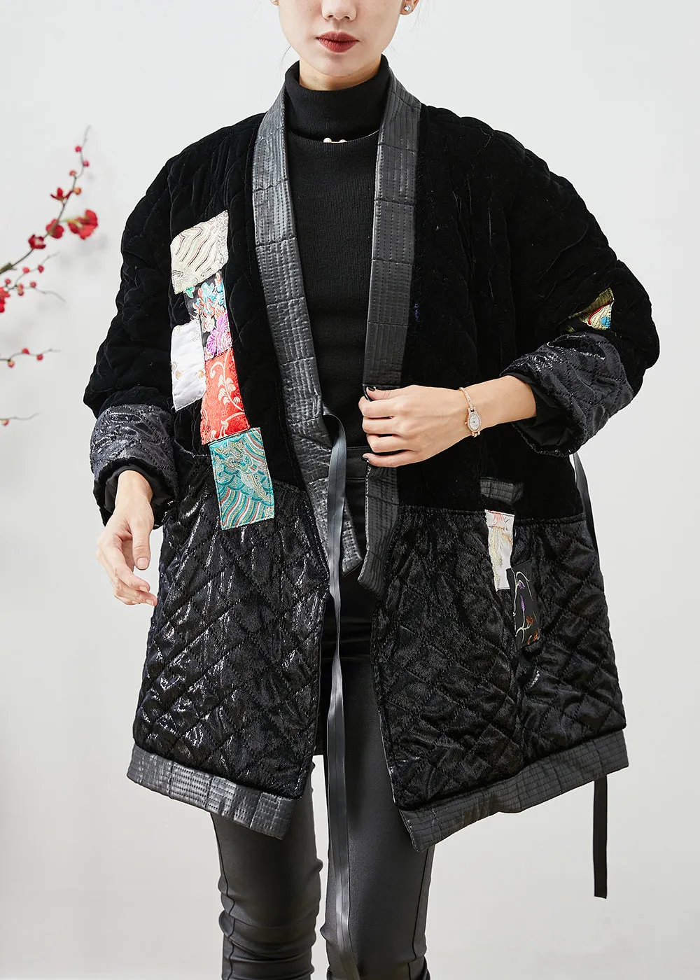 Modern Black Lace Up Patchwork Silk Velour Cotton Filled Coat Winter ML1942