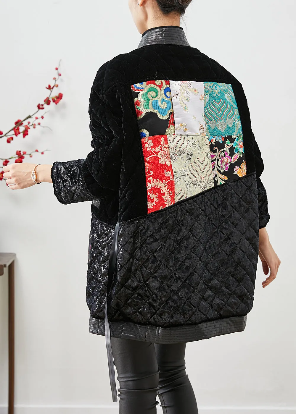 Modern Black Lace Up Patchwork Silk Velour Cotton Filled Coat Winter ML1942