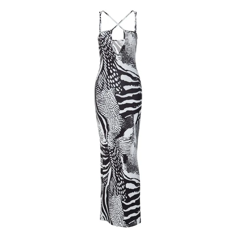 New V-Neck Slim Fit Backless Split Strap Maxi Dress