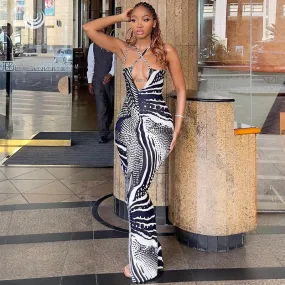 New V-Neck Slim Fit Backless Split Strap Maxi Dress