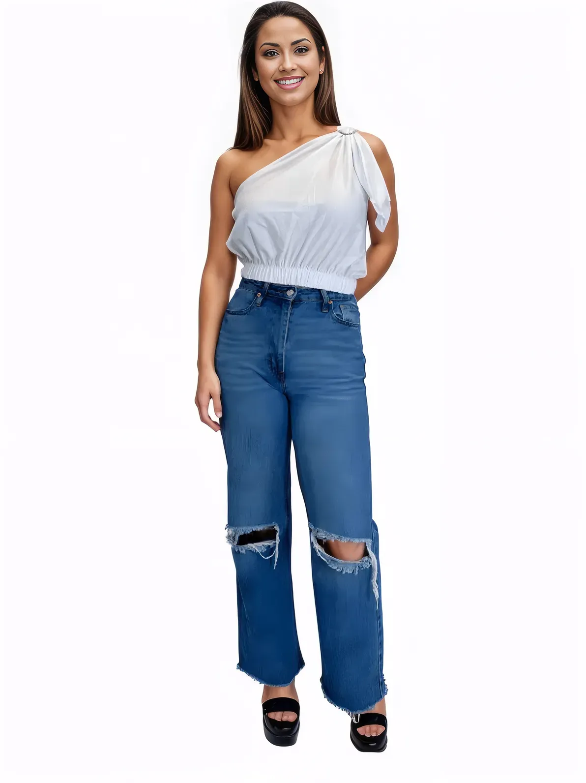 One Shoulder Puff Crop Top with 2 Buckles White