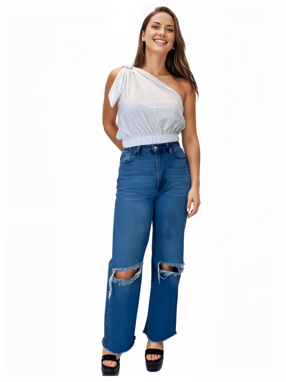 One Shoulder Puff Crop Top with 2 Buckles White
