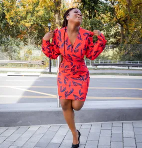 Orange Puff Sleeve Ruched Bodycon Dress
