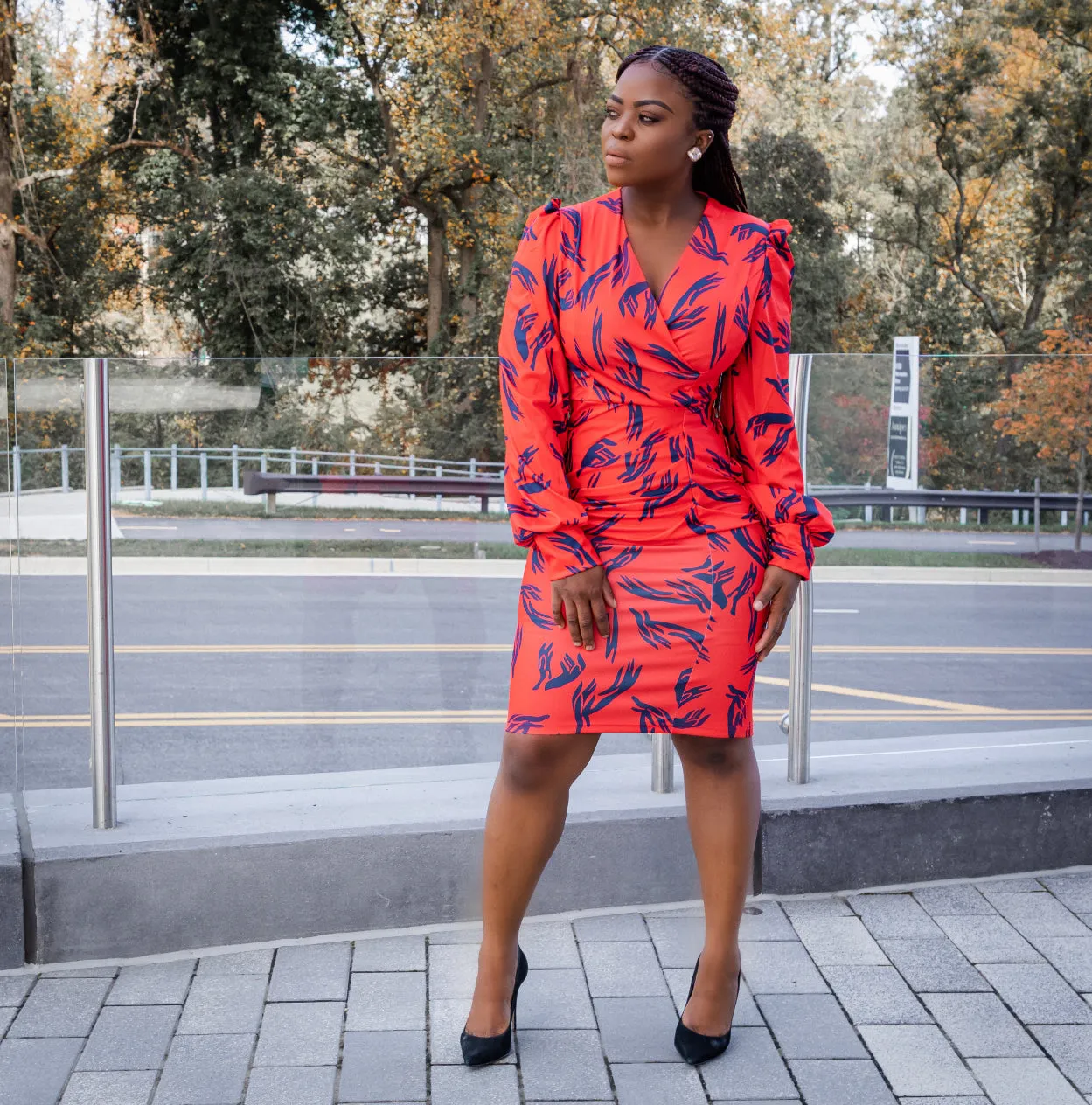 Orange Puff Sleeve Ruched Bodycon Dress