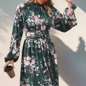 Perfee Ruched Printed Mock Neck Long Sleeve Midi Dress
