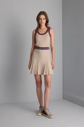 Pleated Beige Mini Knitwear Skirt with Ribbon Detail